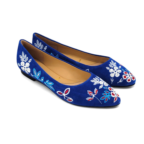 Trotters Estee‎ Embroidered Suede Flats Blue Floral Leather Slip-On Ballet Shoes - Picture 1 of 6